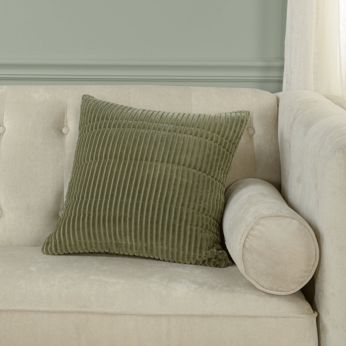 Tonal-Stripe Cotton Velvet Cushion with Flanged Edge - 2
