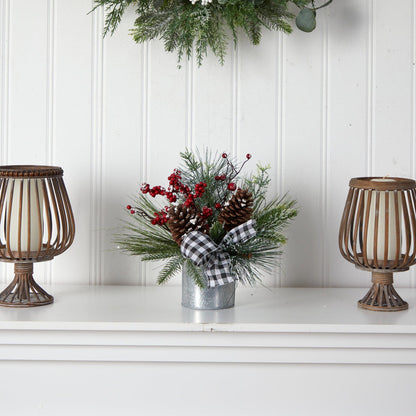 Frosted Pinecone and Berry Arrangement with Plaid Bow, 12 in - 2