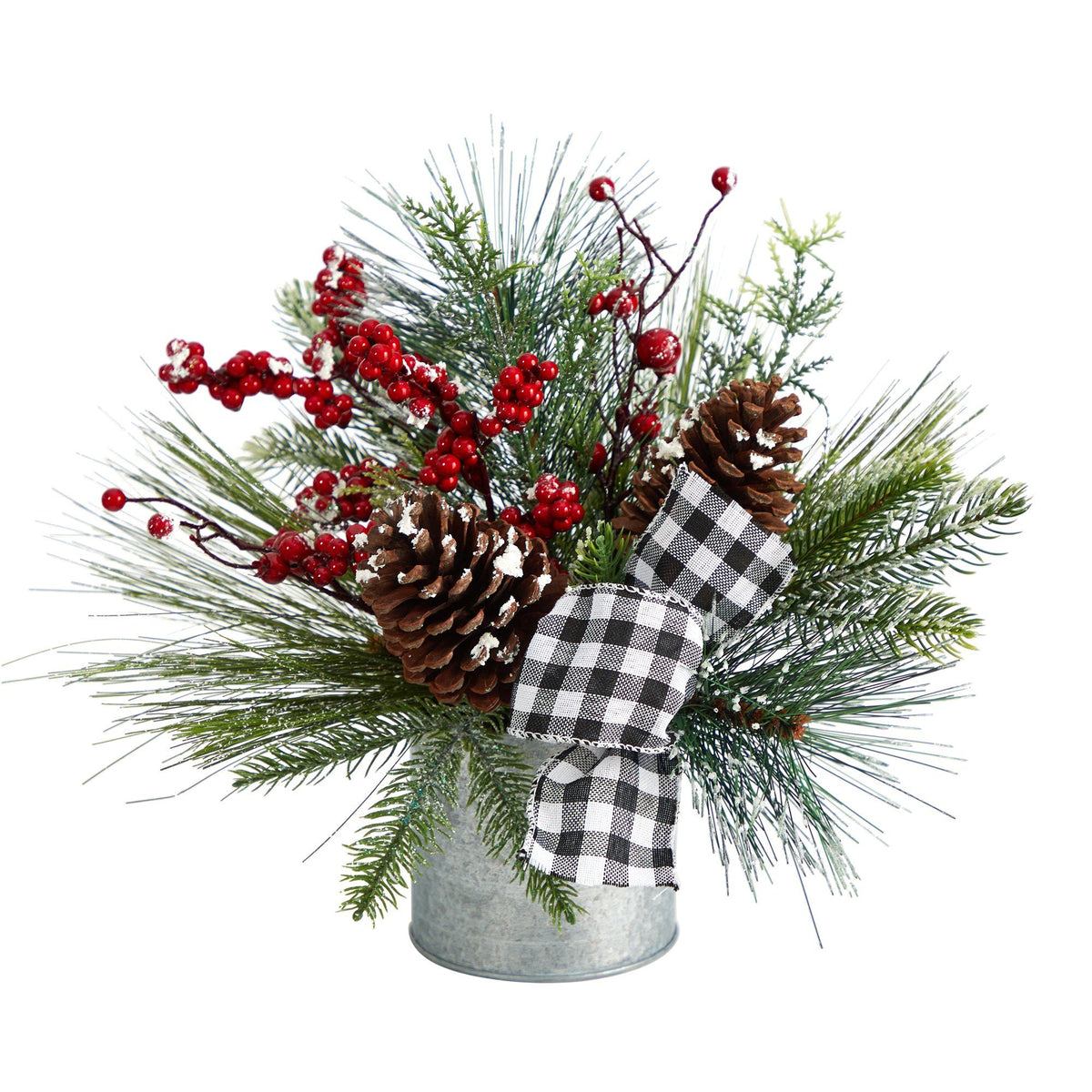 Frosted Pinecone and Berry Arrangement with Plaid Bow, 12 in - 1