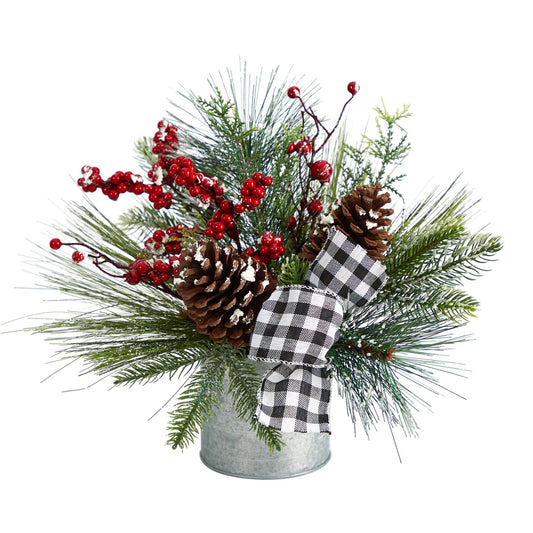 Frosted Pinecone and Berry Arrangement with Plaid Bow, 12 in - 1