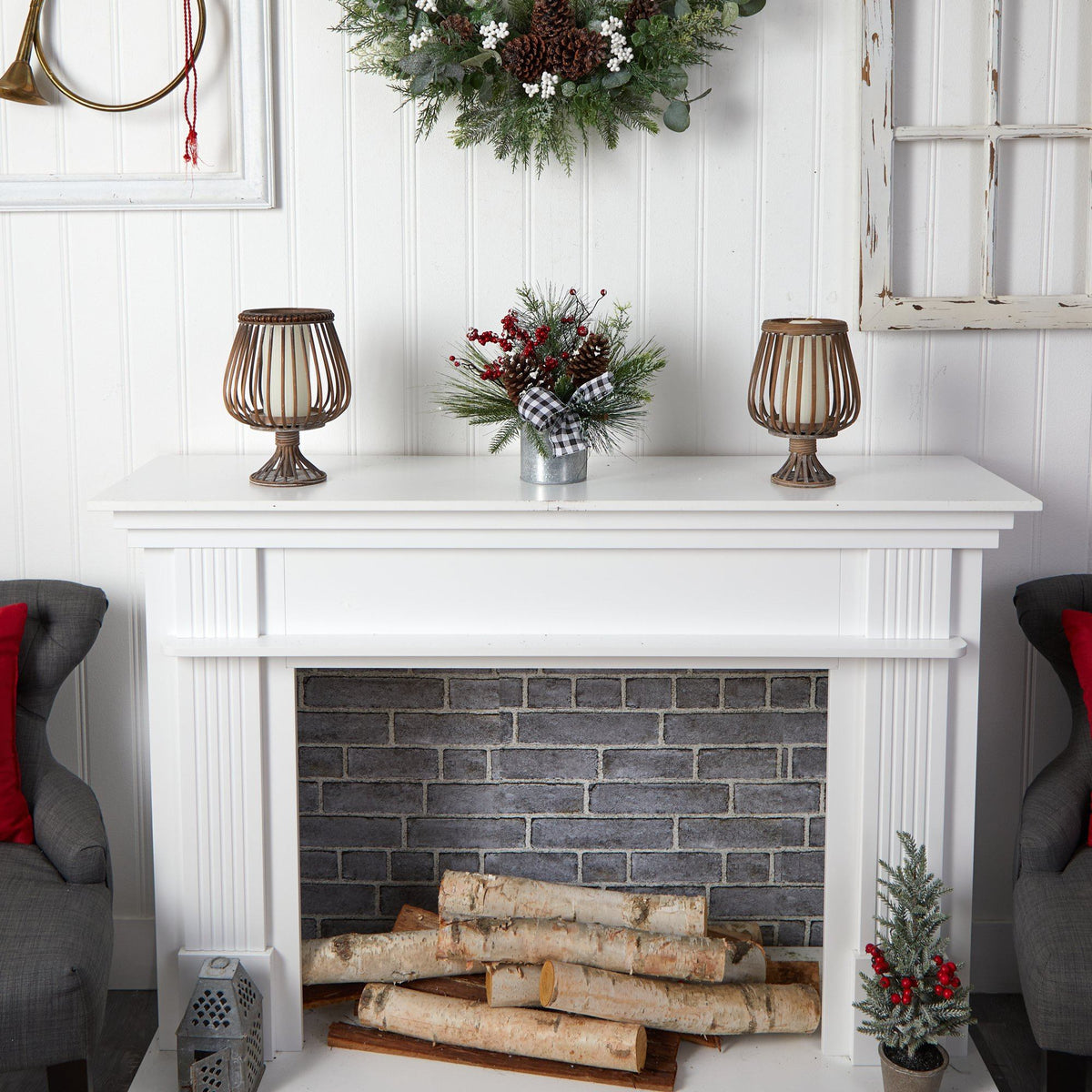 Frosted Pinecone and Berry Arrangement with Plaid Bow, 12 in - 3