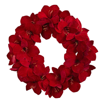 Red Amaryllis-Style Decorative Wreath, 22 in - 4
