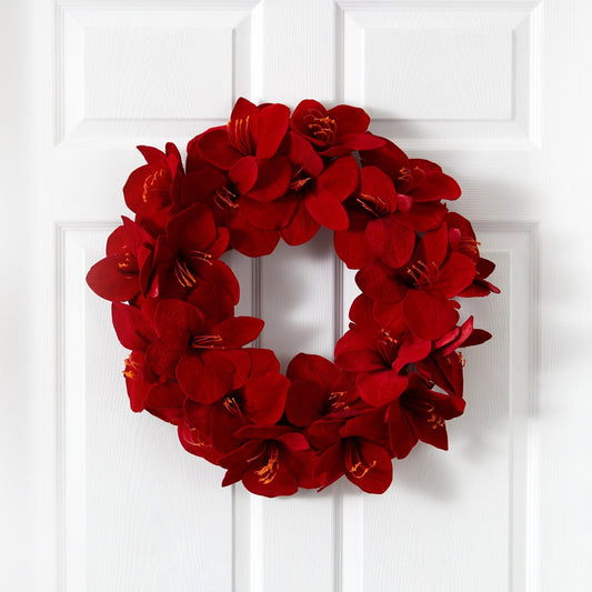Red Amaryllis-Style Decorative Wreath, 22 in - 1