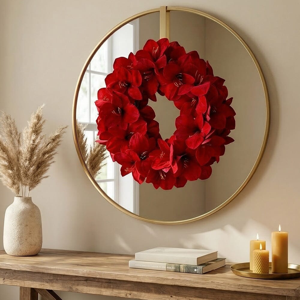 Red Amaryllis-Style Decorative Wreath, 22 in - 3