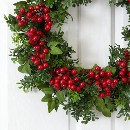 Red Berry and Boxwood-Style Decorative Wreath, 24 in - 2