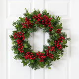 Red Berry and Boxwood-Style Decorative Wreath, 24 in - 1