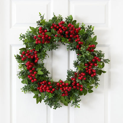 Red Berry and Boxwood-Style Decorative Wreath, 24 in - 1
