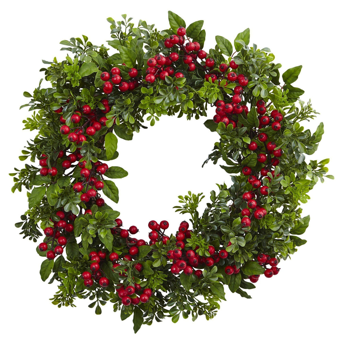 Red Berry and Boxwood-Style Decorative Wreath, 24 in - 3