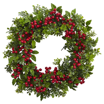 Red Berry and Boxwood-Style Decorative Wreath, 24 in - 3
