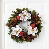 White Magnolia and Berry Decorative Wreath, 24 in - 1