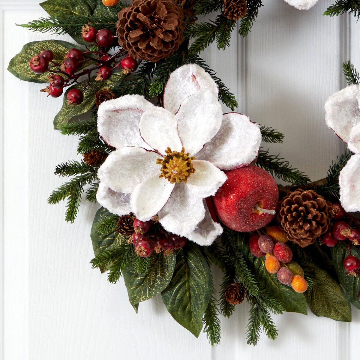 White Magnolia and Berry Decorative Wreath, 24 in - 2