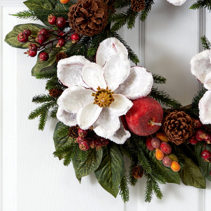 White Magnolia and Berry Decorative Wreath, 24 in - 2