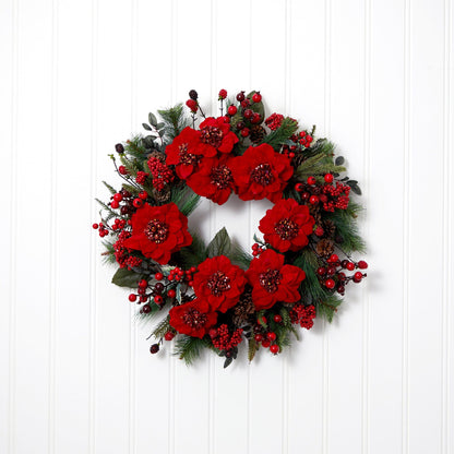 Red Poinsettia and Berry Decorative Wreath, 24 in - 3