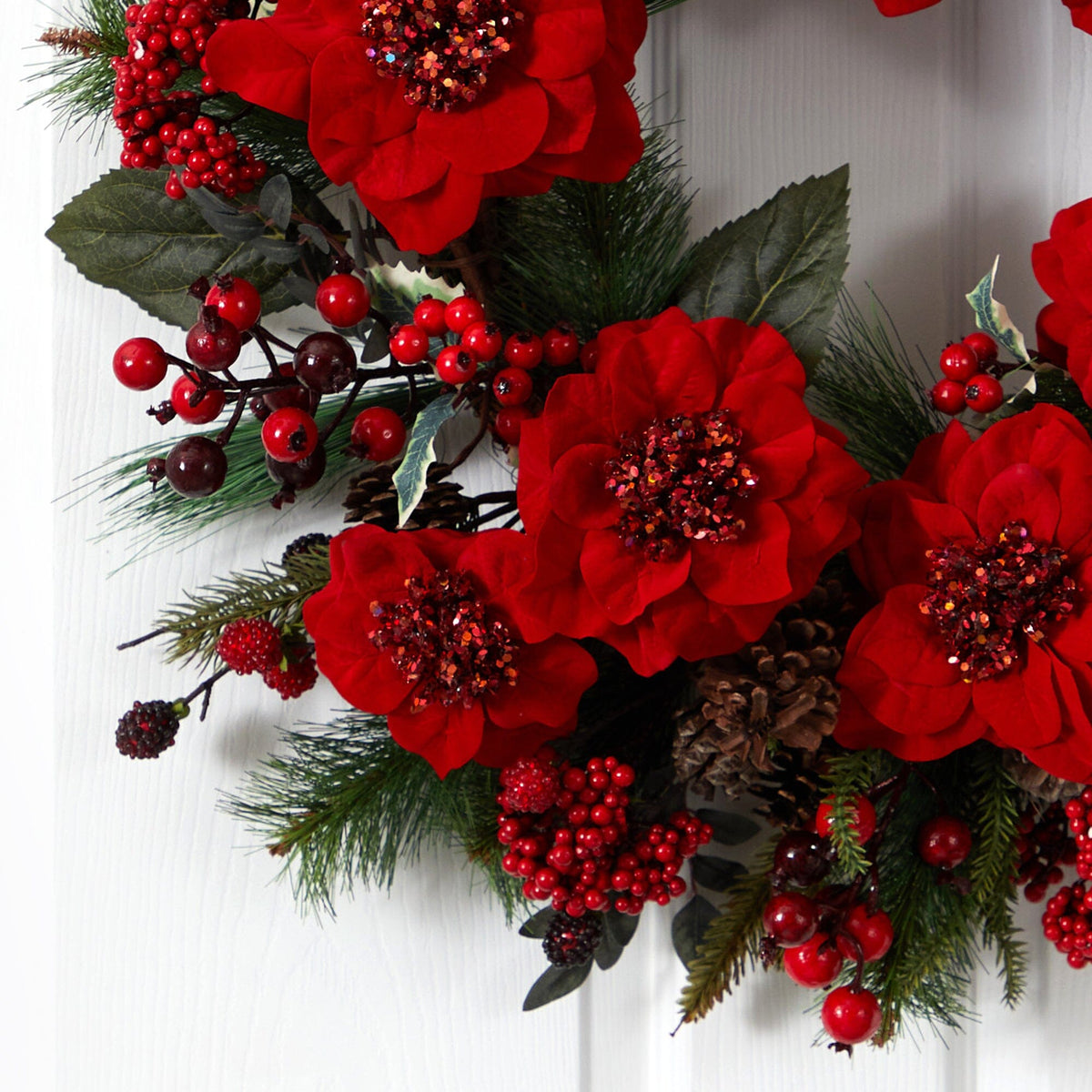 Red Poinsettia and Berry Decorative Wreath, 24 in - 2