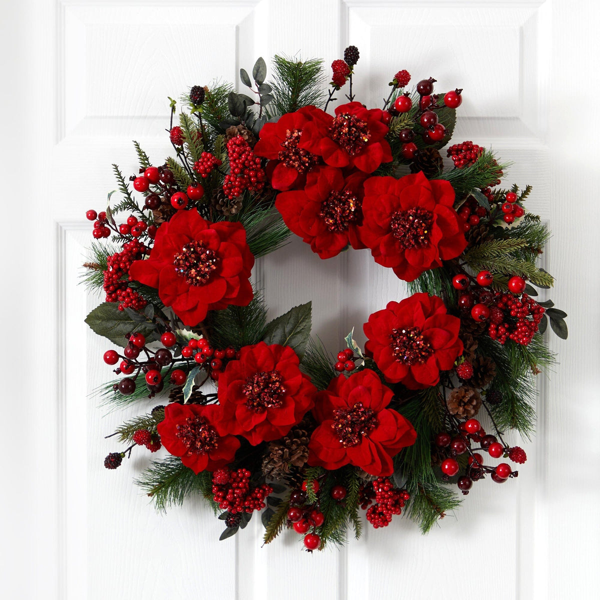 Red Poinsettia and Berry Decorative Wreath, 24 in - 1