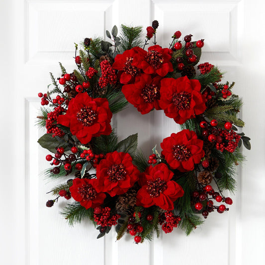 Red Poinsettia and Berry Decorative Wreath, 24 in - 1