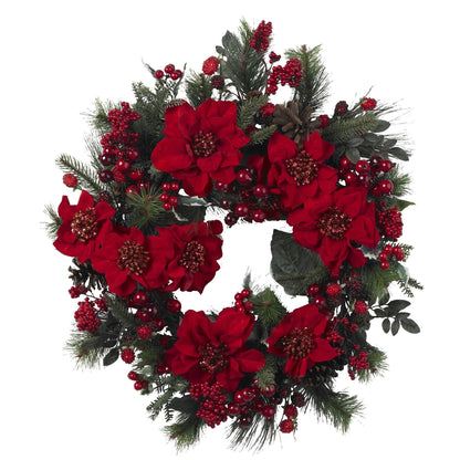 Red Poinsettia and Berry Decorative Wreath, 24 in - 4