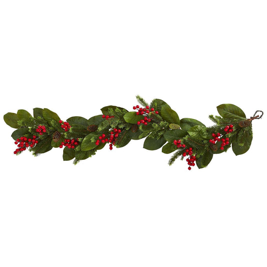 Magnolia-Leaf and Berry Decorative Garland, 5 ft - 1