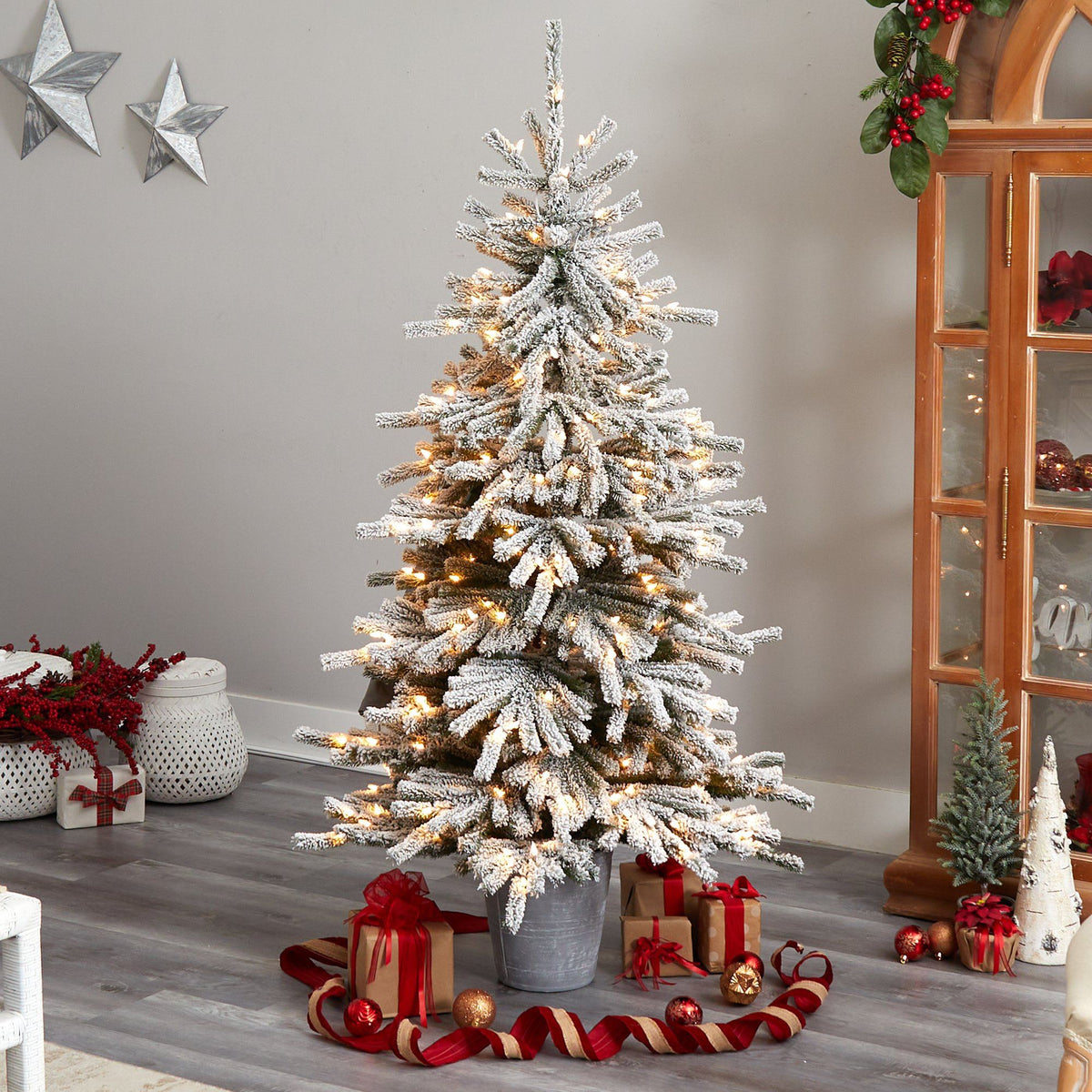 Flocked Christmas Tree in Decorative Planter, 6 ft - 7