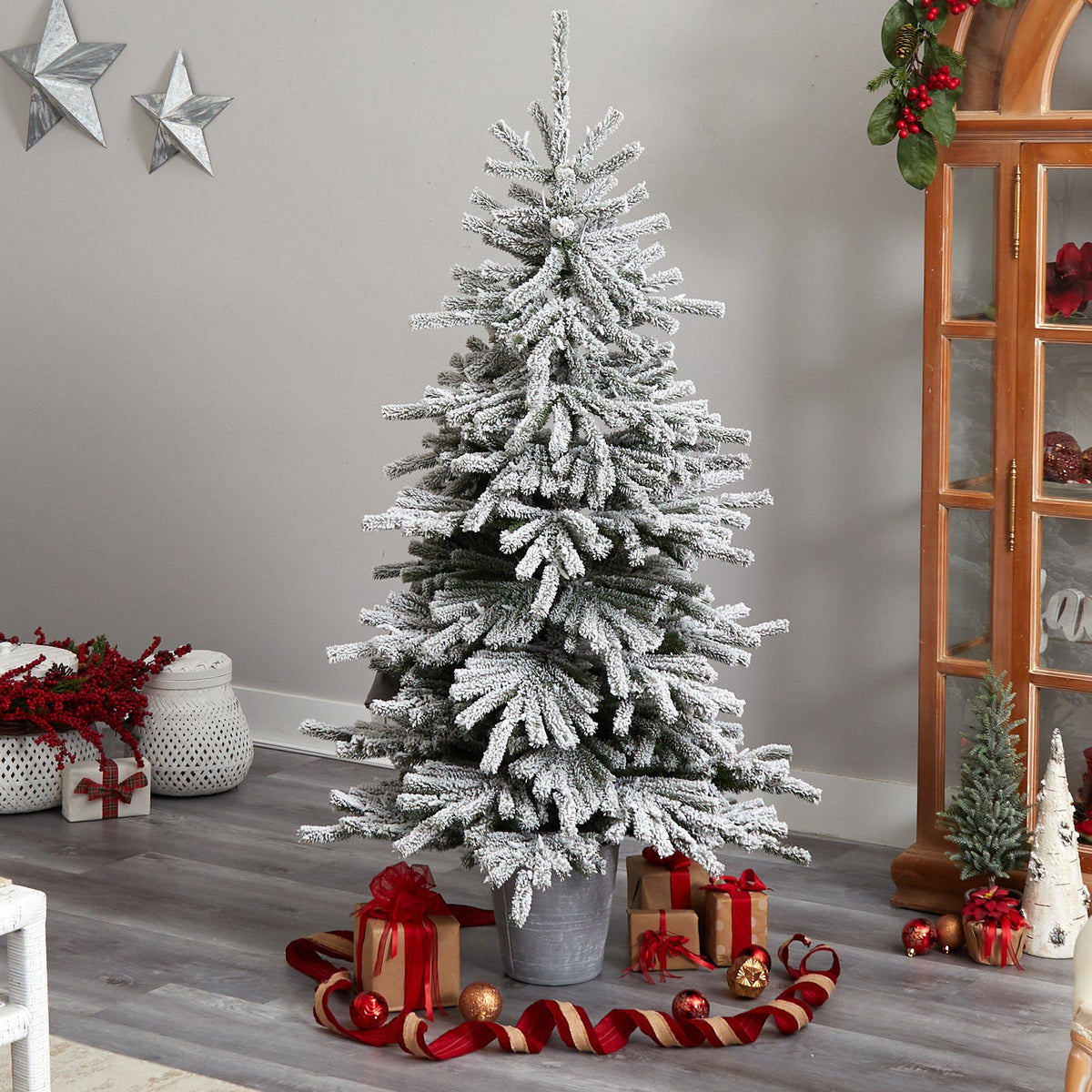 Flocked Christmas Tree in Decorative Planter, 6 ft - 8