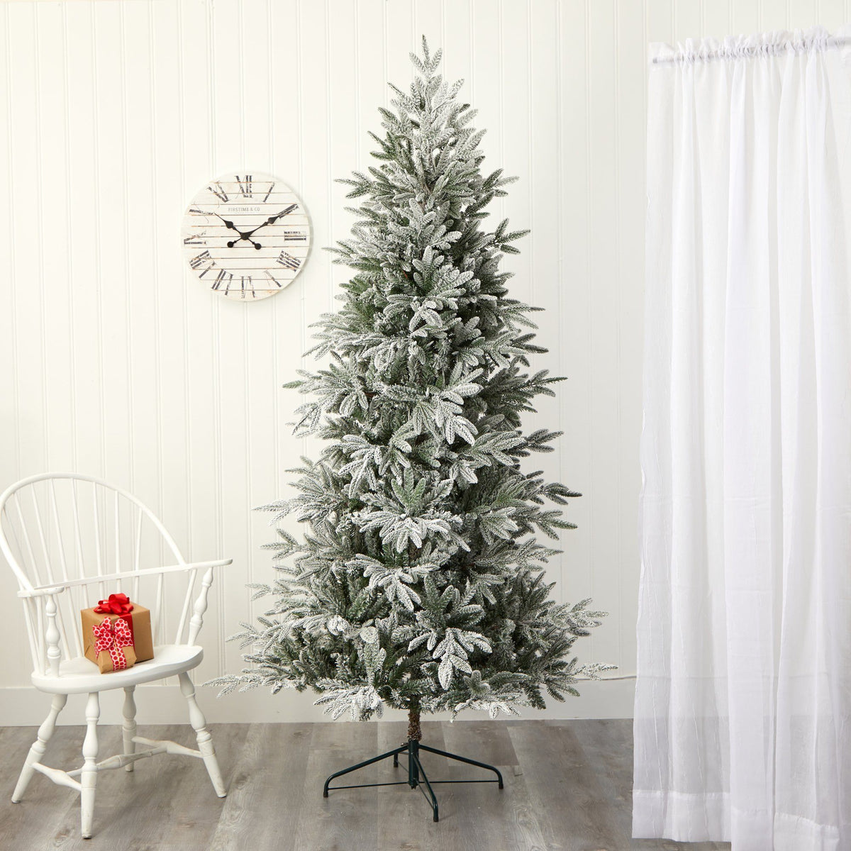 Tall Flocked Christmas Tree with LED Lights, 7.5 ft - 7